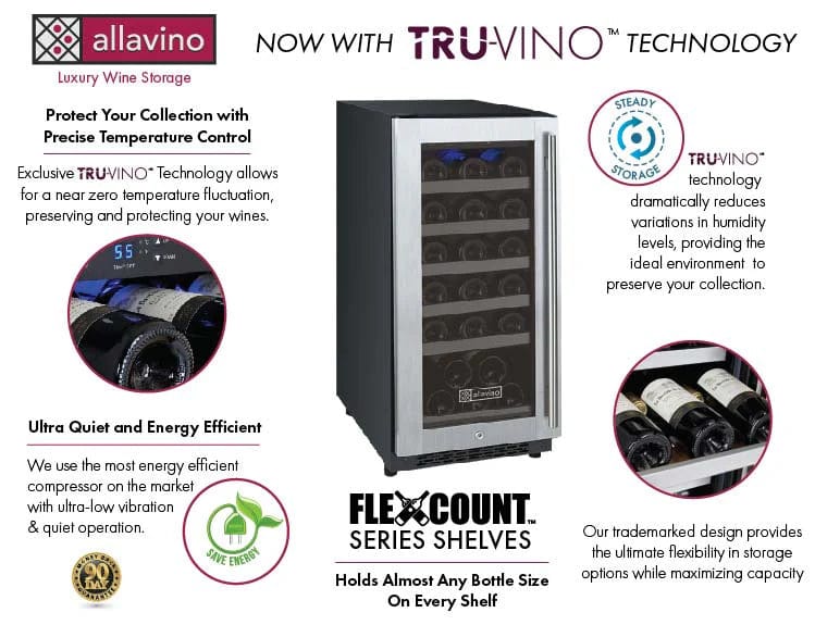 Allavino Residential 15" Wide FlexCount II Tru-Vino 30 Bottle Single Zone Stainless Steel Wine Refrigerator VSWR30-1SL20