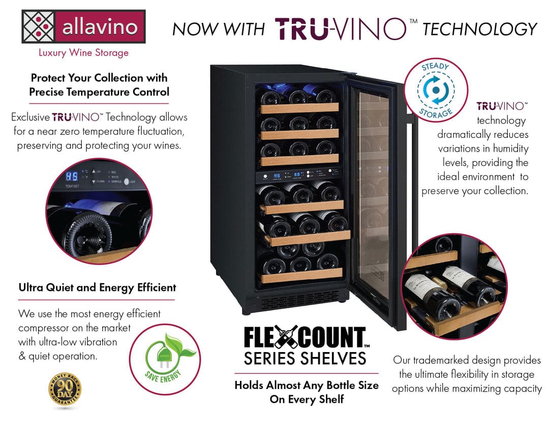 Allavino Residential Black 15" Wide FlexCount II Tru-Vino Technology 30 Bottle Dual Zone Black Wine Refrigerator