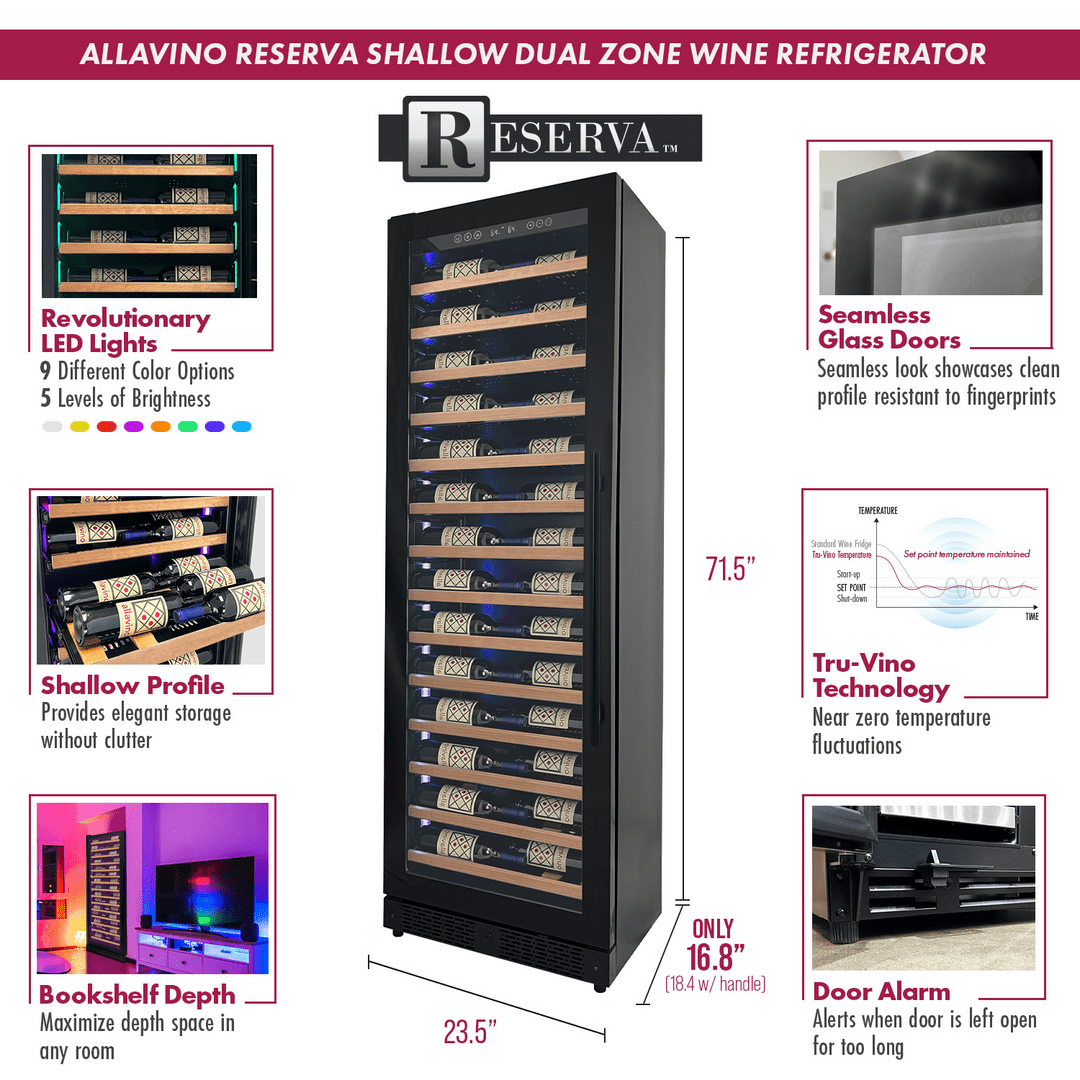 Allavino Residential Black Reserva Series 67 Bottle 71" Tall Single Zone Left Hinge Black Shallow Wine Refrigerator with Wood Front Shelves