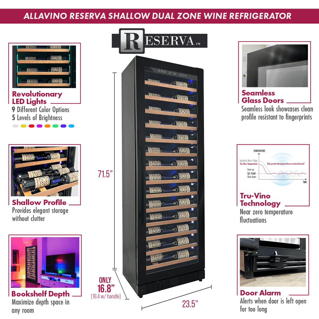 Allavino Residential Black Reserva Series 67 Bottle 71" Tall Single Zone Right Hinge Black Shallow Wine Refrigerator with Wood Front Shelves