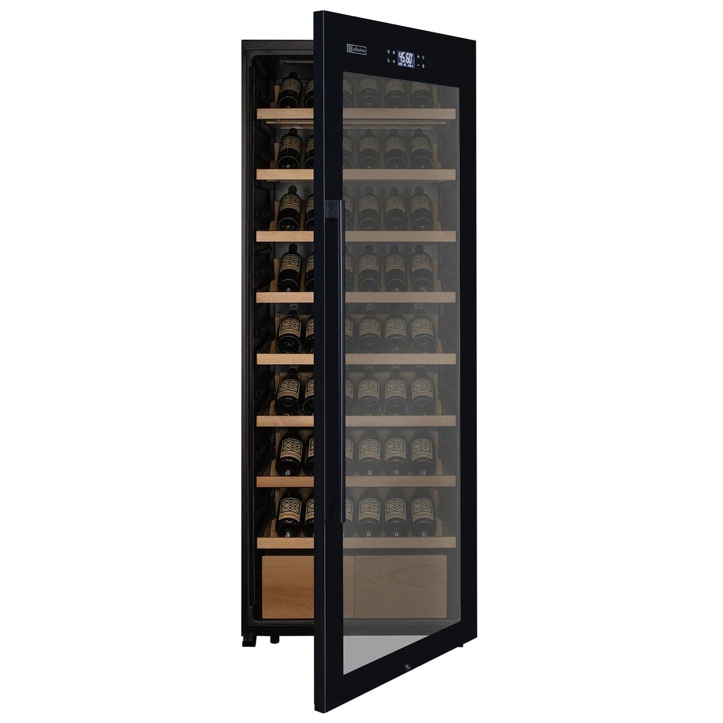 Allavino Residential Right Hand Hinge 29" Wide 248 Bottle Single Zone Black Glass Wine Refrigerator with Display Shelving
