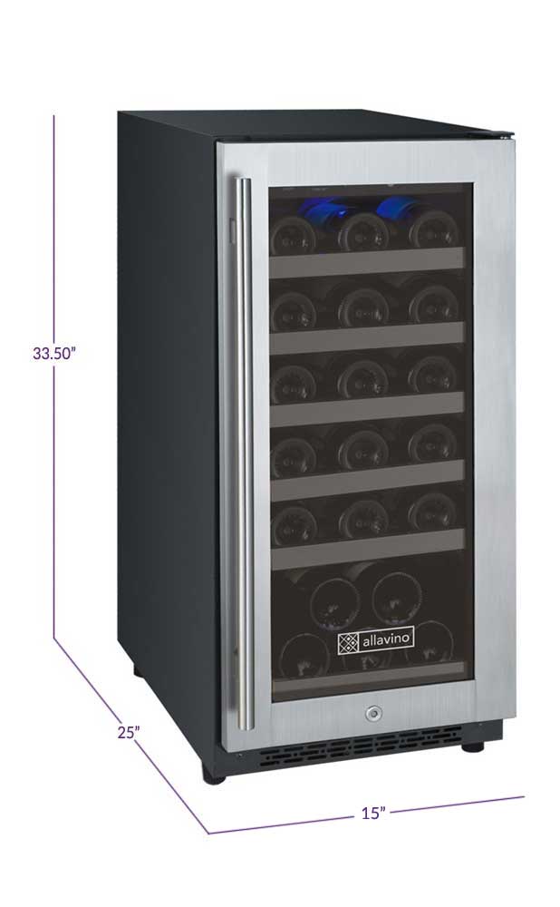 Allavino Residential Silver 15" Wide FlexCount II Tru-Vino 30 Bottle Single Zone Stainless Steel Right Hinge Wine Refrigerator