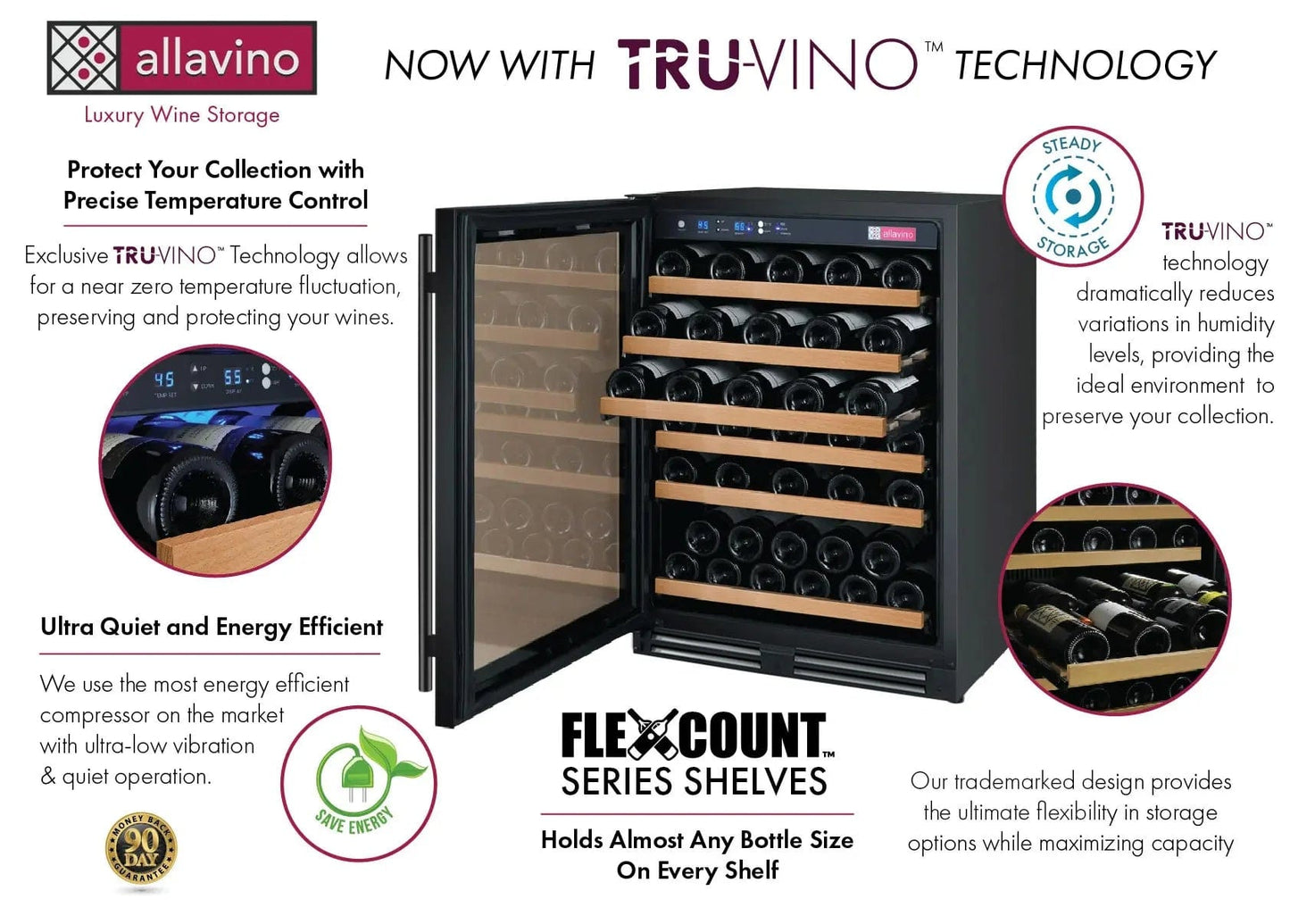 Allavino Residential 24" Wide FlexCount II Tru-Vino 56 Bottle Single Zone Black Left Hinge Wine Refrigerator VSWR56-1BL20