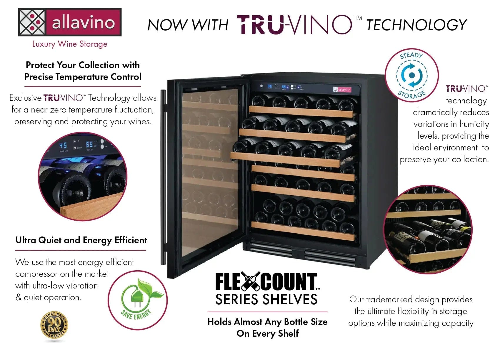 Allavino Residential 24" Wide FlexCount II Tru-Vino 56 Bottle Single Zone Black Left Hinge Wine Refrigerator VSWR56-1BL20