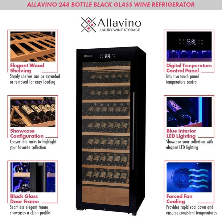 Allavino Residential 29" Wide 248 Bottle Single Zone Black Glass Left Hinge Wine Refrigerator with Display Shelving KWR248S-1BGL