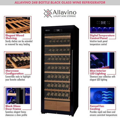 Allavino Residential 29" Wide 248 Bottle Single Zone Black Glass Left Hinge Wine Refrigerator with Display Shelving KWR248S-1BGL