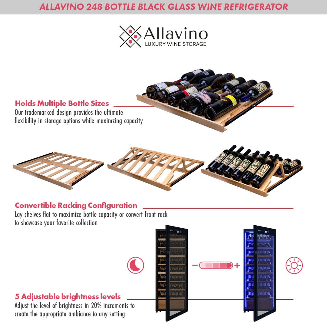 Allavino Residential 29" Wide 248 Bottle Single Zone Black Glass Wine Refrigerator with Display Shelving