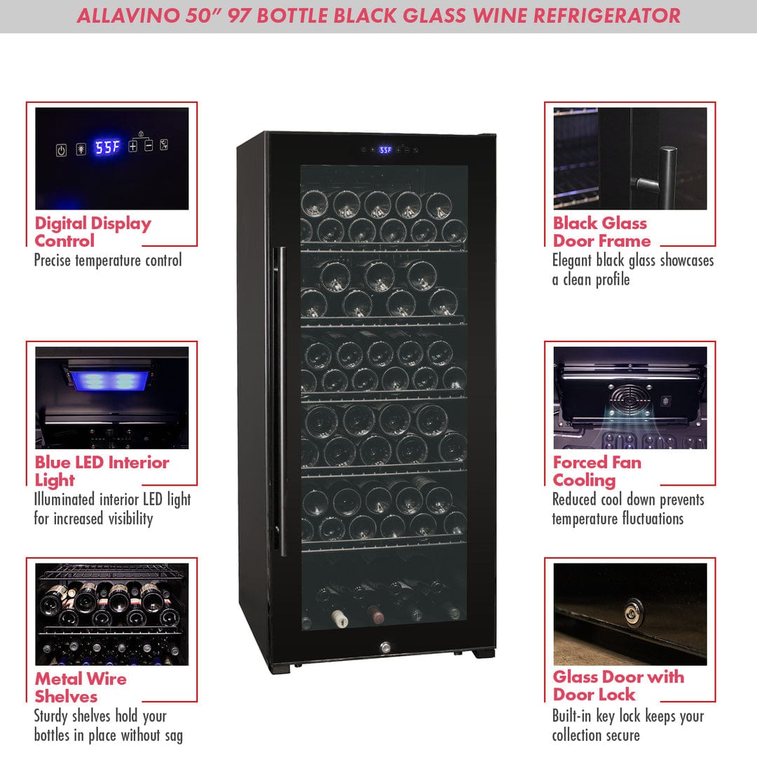 Allavino Residential Black Contemporary 102 Bottle Single Zone Freestanding Wine Refrigerator with Black Glass Door