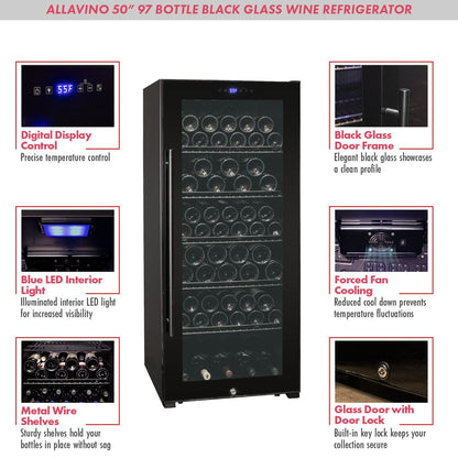 Allavino Residential Black Contemporary 102 Bottle Single Zone Freestanding Wine Refrigerator with Black Glass Door