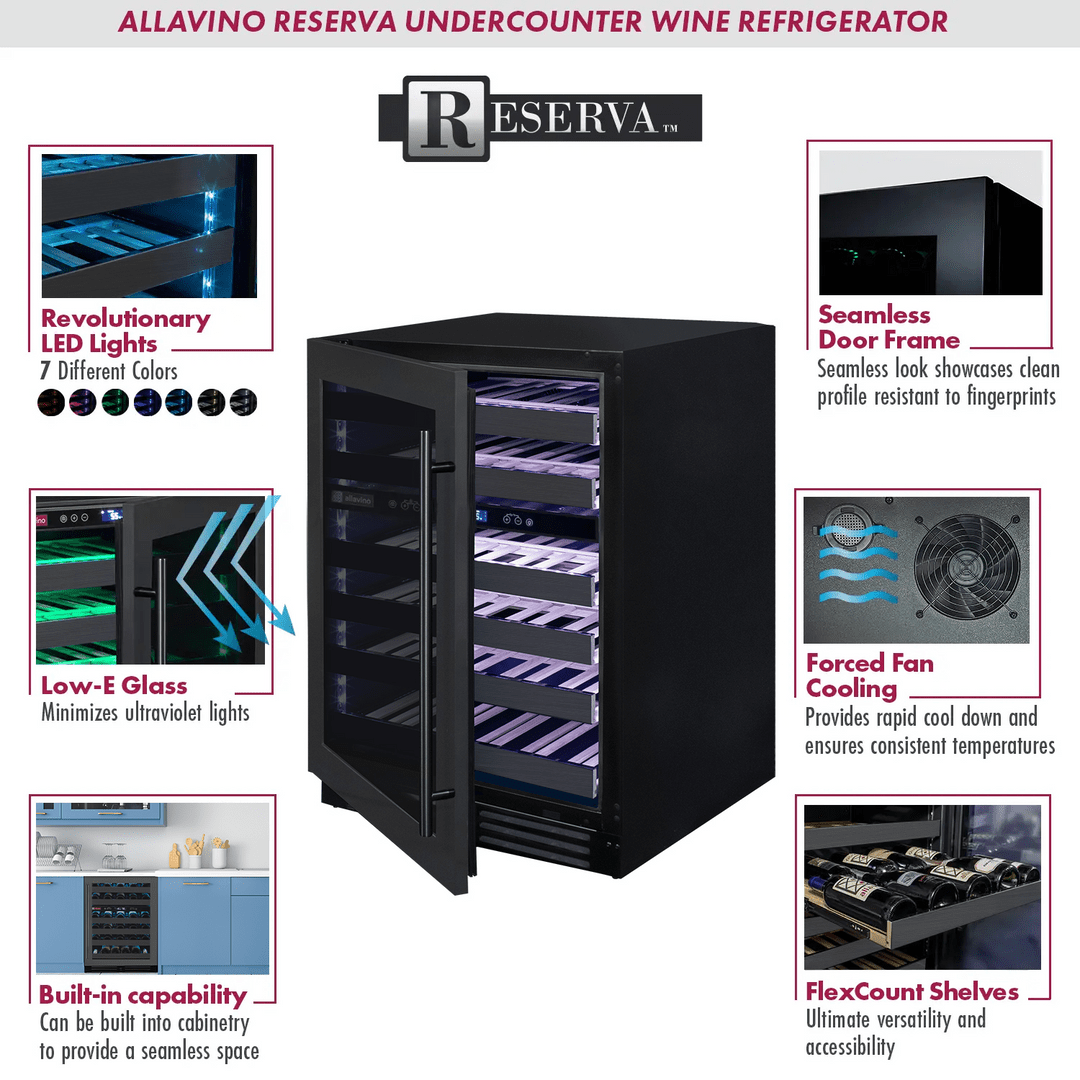 Allavino Residential Black Reserva Series 50 Bottle 34" Tall Dual Zone Left Hinge Black Stainless Steel Wine Cooler Refrigerator