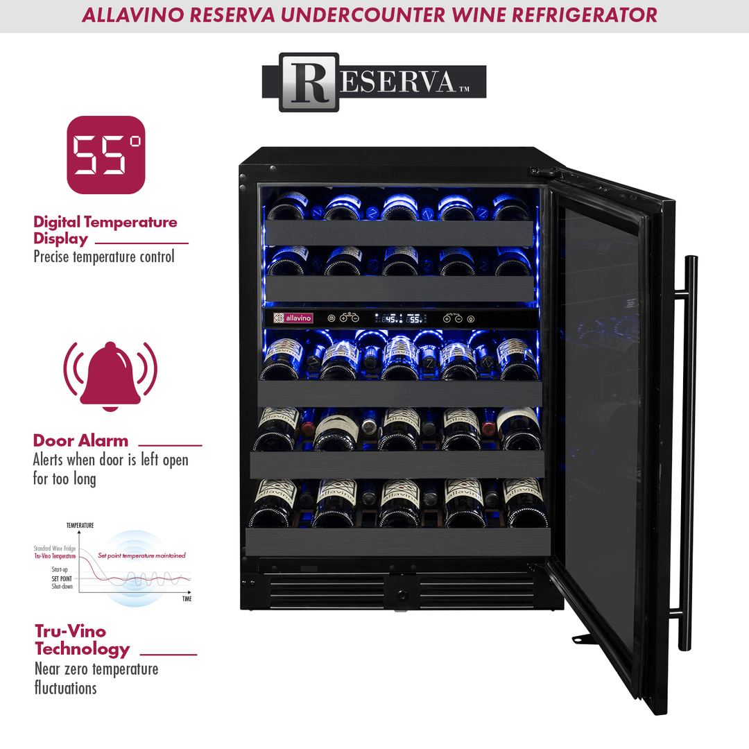 Allavino Residential Black Reserva Series 50 Bottle Dual Zone Undercounter Wine Cooler Refrigerator with Black Stainless Steel Door - Right Hinge