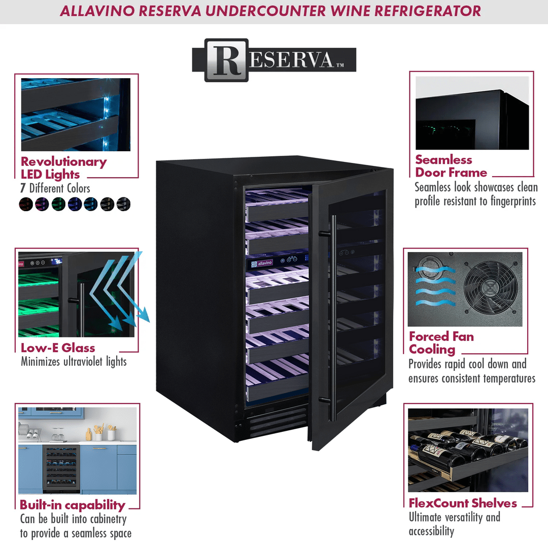 Allavino Residential Black Reserva Series 50 Bottle Dual Zone Undercounter Wine Cooler Refrigerator with Black Stainless Steel Door - Right Hinge