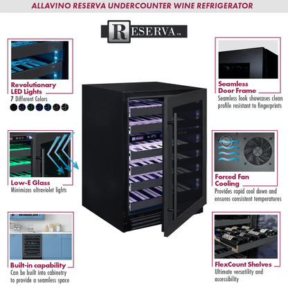 Allavino Residential Black Reserva Series 50 Bottle Dual Zone Undercounter Wine Cooler Refrigerator with Black Stainless Steel Door - Right Hinge