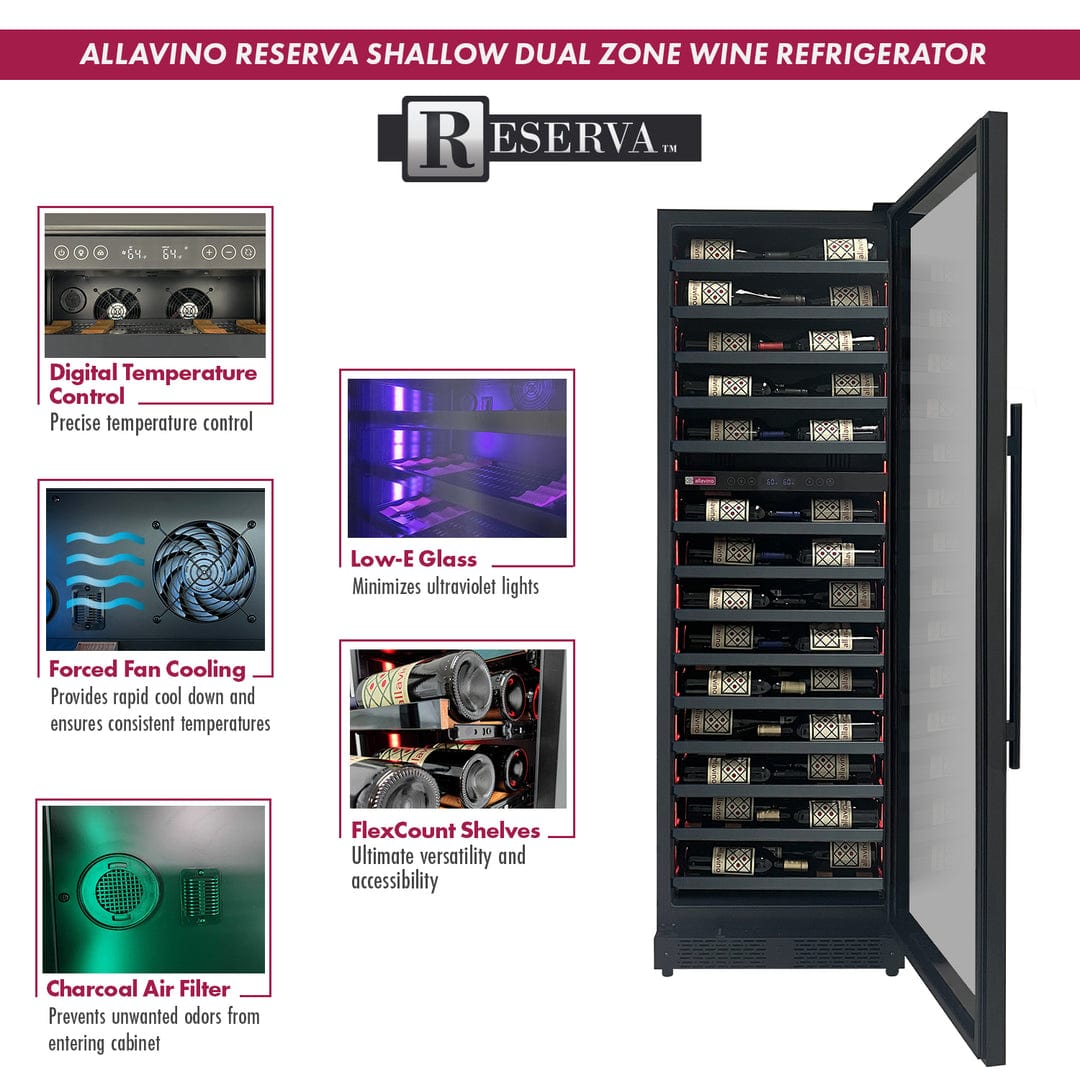 Allavino Residential Black Reserva Series 67 Bottle 71" Tall Dual Zone Right Hinge Black Shallow Wine Refrigerator with Wood Shelf Fronts