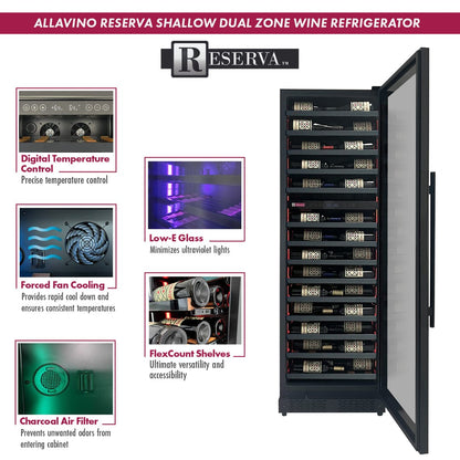 Allavino Residential Black Reserva Series 67 Bottle 71" Tall Dual Zone Right Hinge Black Shallow Wine Refrigerator with Wood Shelf Fronts
