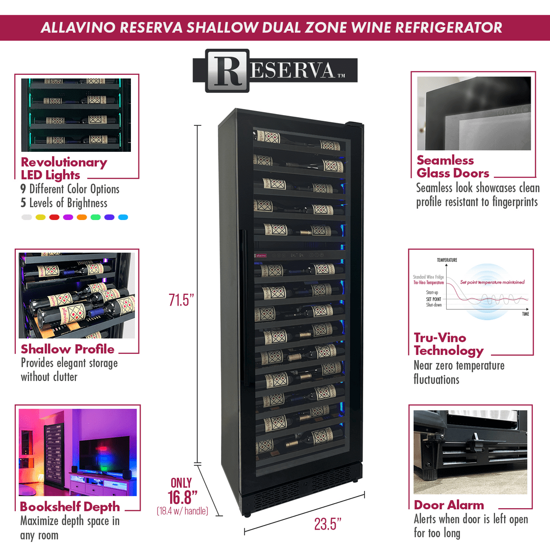 Allavino Residential Black Reserva Series 67 Bottle 71" Tall Dual Zone Right Hinge Black Shallow Wine Refrigerator with Wood Shelf Fronts