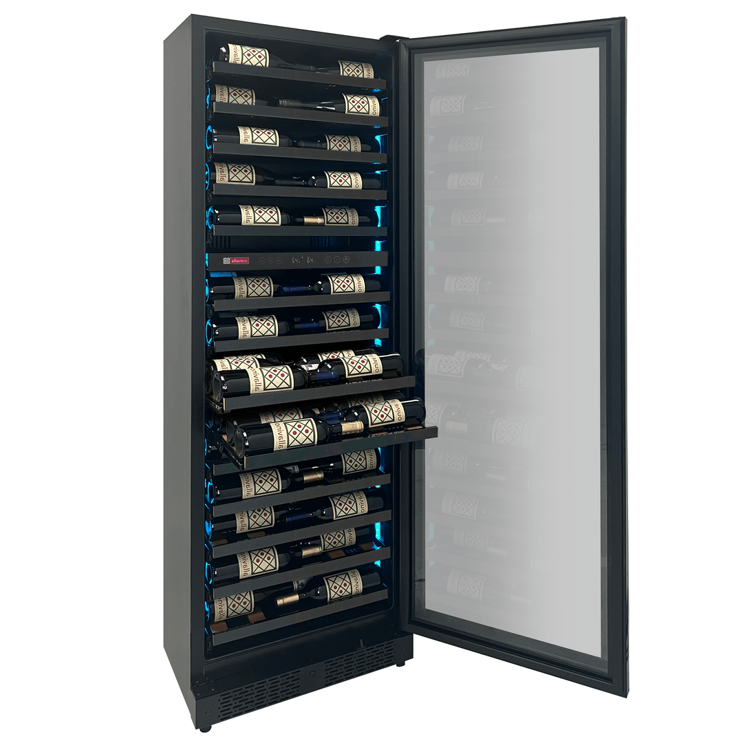 Allavino Residential Black Reserva Series 67 Bottle 71" Tall Dual Zone Right Hinge Black Shallow Wine Refrigerator with Wood Shelf Fronts