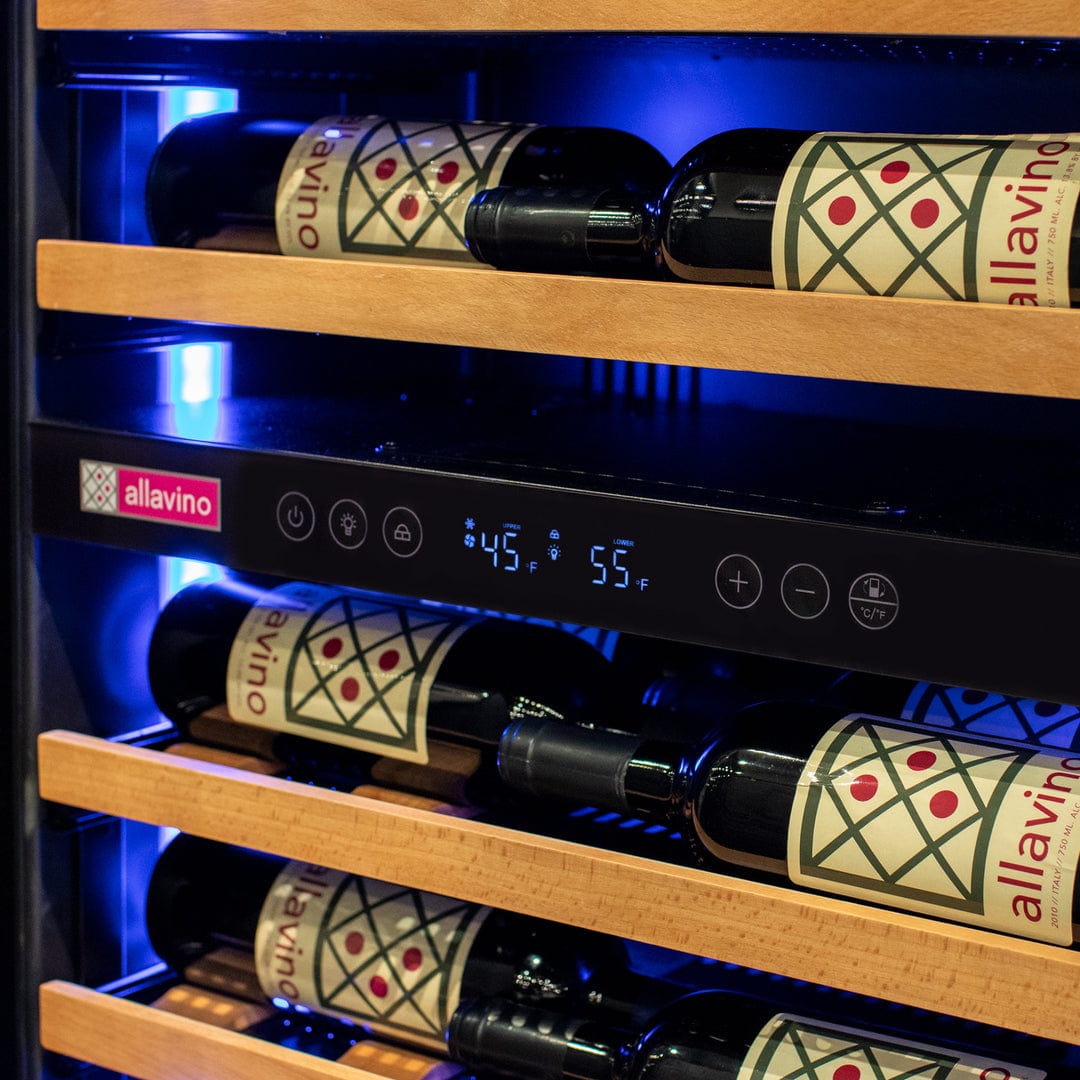 Allavino Residential Black Reserva Series 67 Bottle 71" Tall Dual Zone Right Hinge Black Shallow Wine Refrigerator with Wood Shelf Fronts