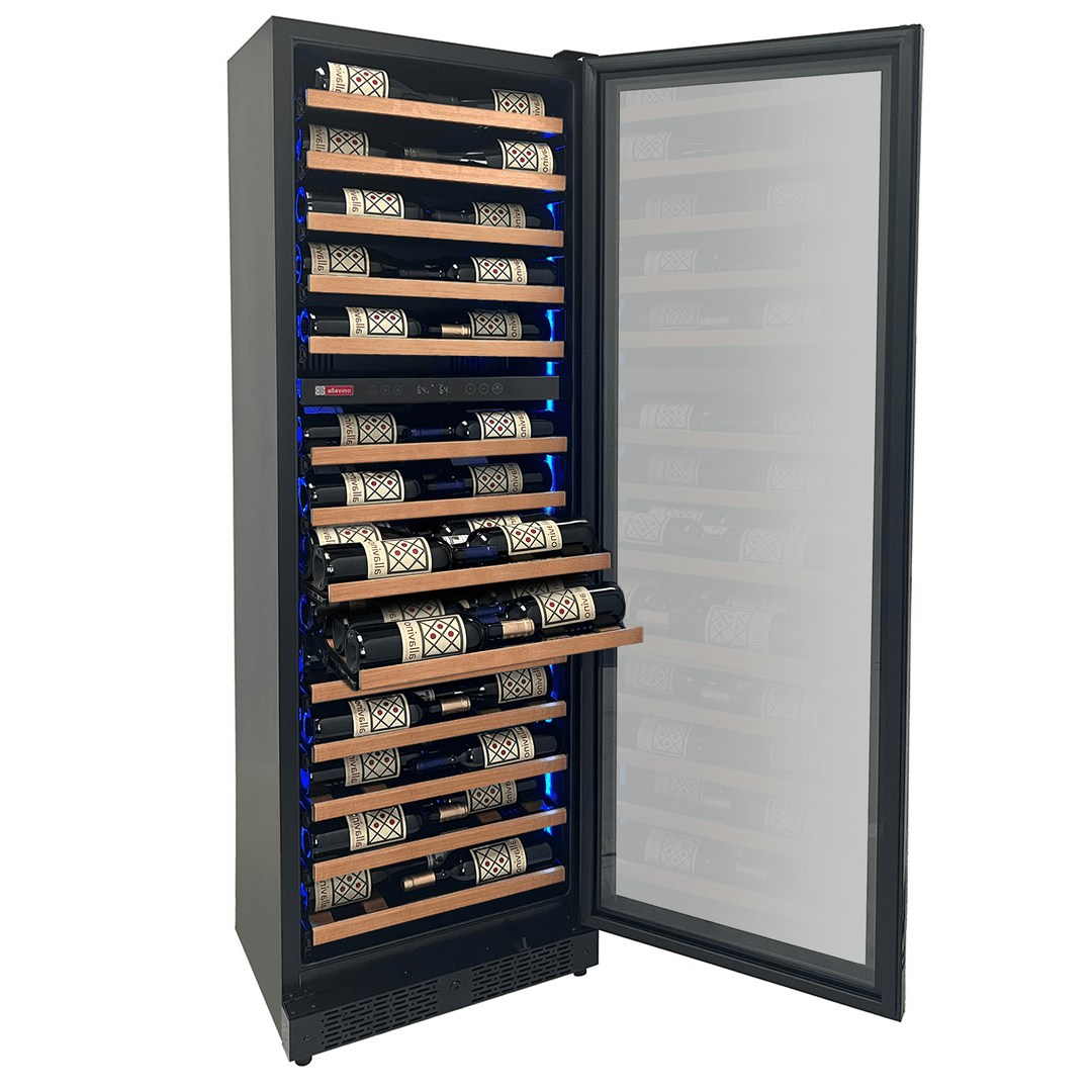 Allavino Residential Black Reserva Series 67 Bottle 71" Tall Dual Zone Right Hinge Black Shallow Wine Refrigerator with Wood Shelf Fronts