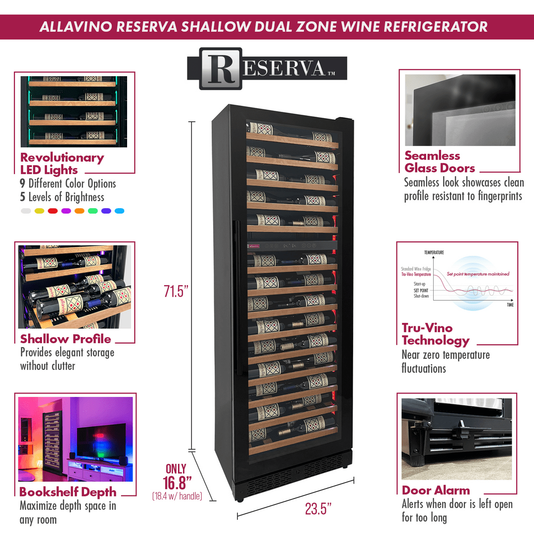 Allavino Residential Black Reserva Series 67 Bottle 71" Tall Dual Zone Right Hinge Black Shallow Wine Refrigerator with Wood Shelf Fronts