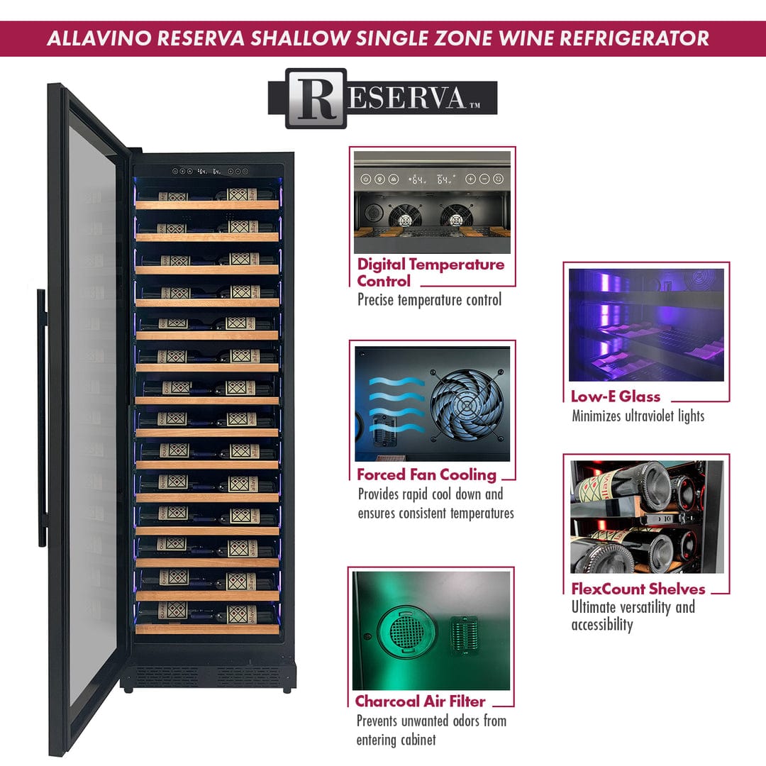 Allavino Residential Black Reserva Series 67 Bottle 71" Tall Single Zone Left Hinge Black Shallow Wine Refrigerator with Wood Front Shelves