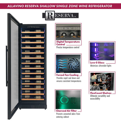 Allavino Residential Black Reserva Series 67 Bottle 71" Tall Single Zone Left Hinge Black Shallow Wine Refrigerator with Wood Front Shelves
