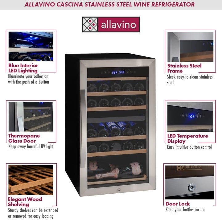 Allavino Residential Cascina Series 28 Bottle Dual Zone Freestanding Wine Cooler Refrigerator with Stainless Steel Door KWR28D-2SR