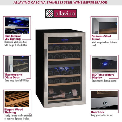Allavino Residential Cascina Series 28 Bottle Dual Zone Freestanding Wine Cooler Refrigerator with Stainless Steel Door KWR28D-2SR