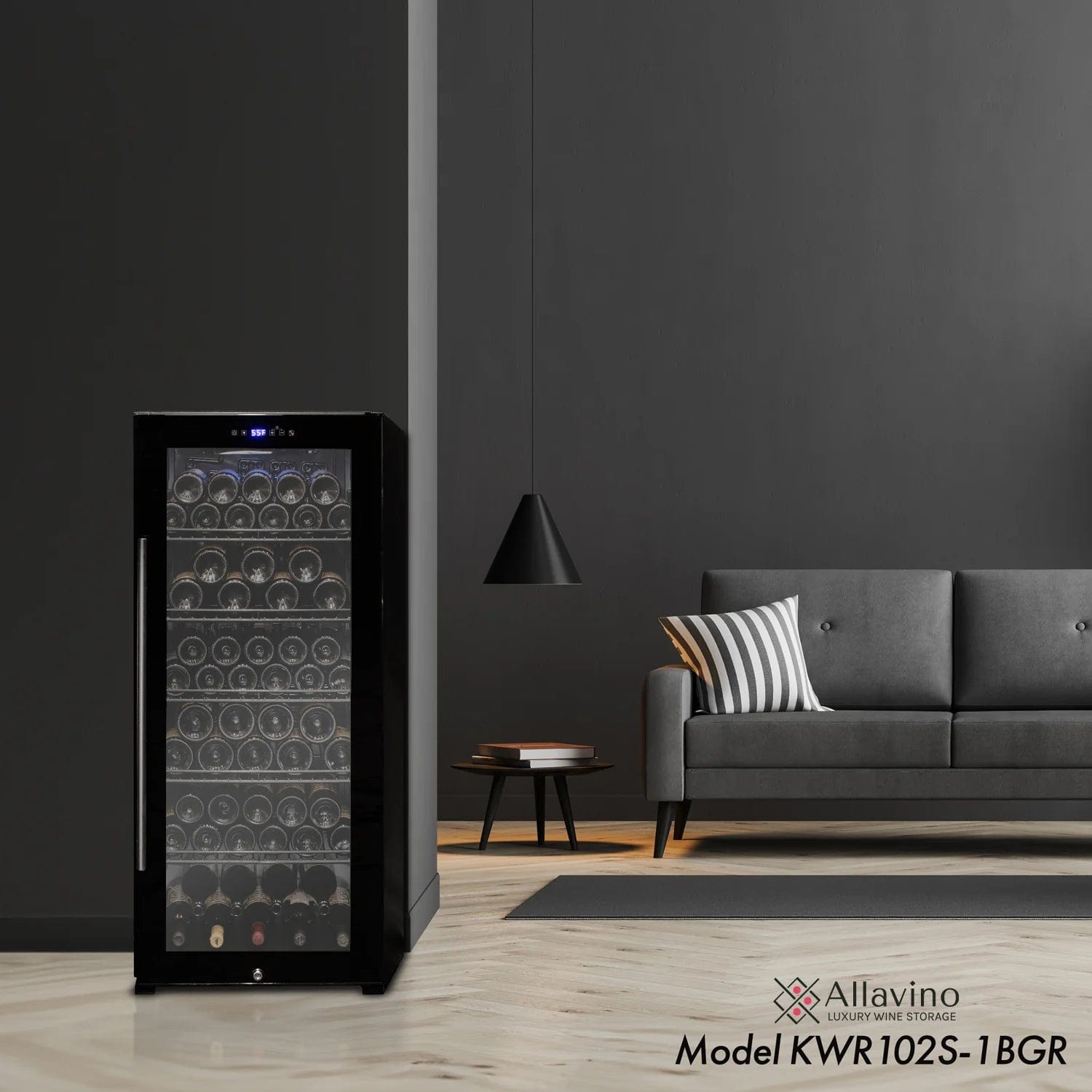Allavino Residential Contemporary 102 Bottle Single Zone Freestanding Wine Refrigerator with Black Glass Door KWR102S-1BGR