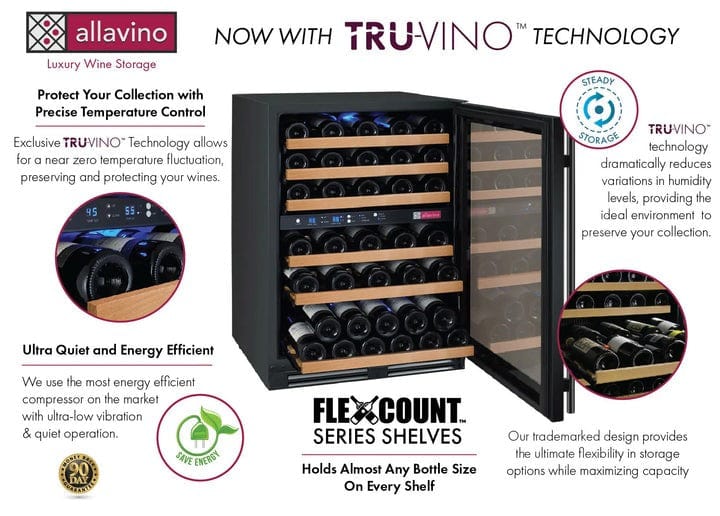 Allavino Residential FlexCount Series 56 Bottle Dual Zone Built-in Wine Cooler Refrigerator with Black Door - Right Hinge