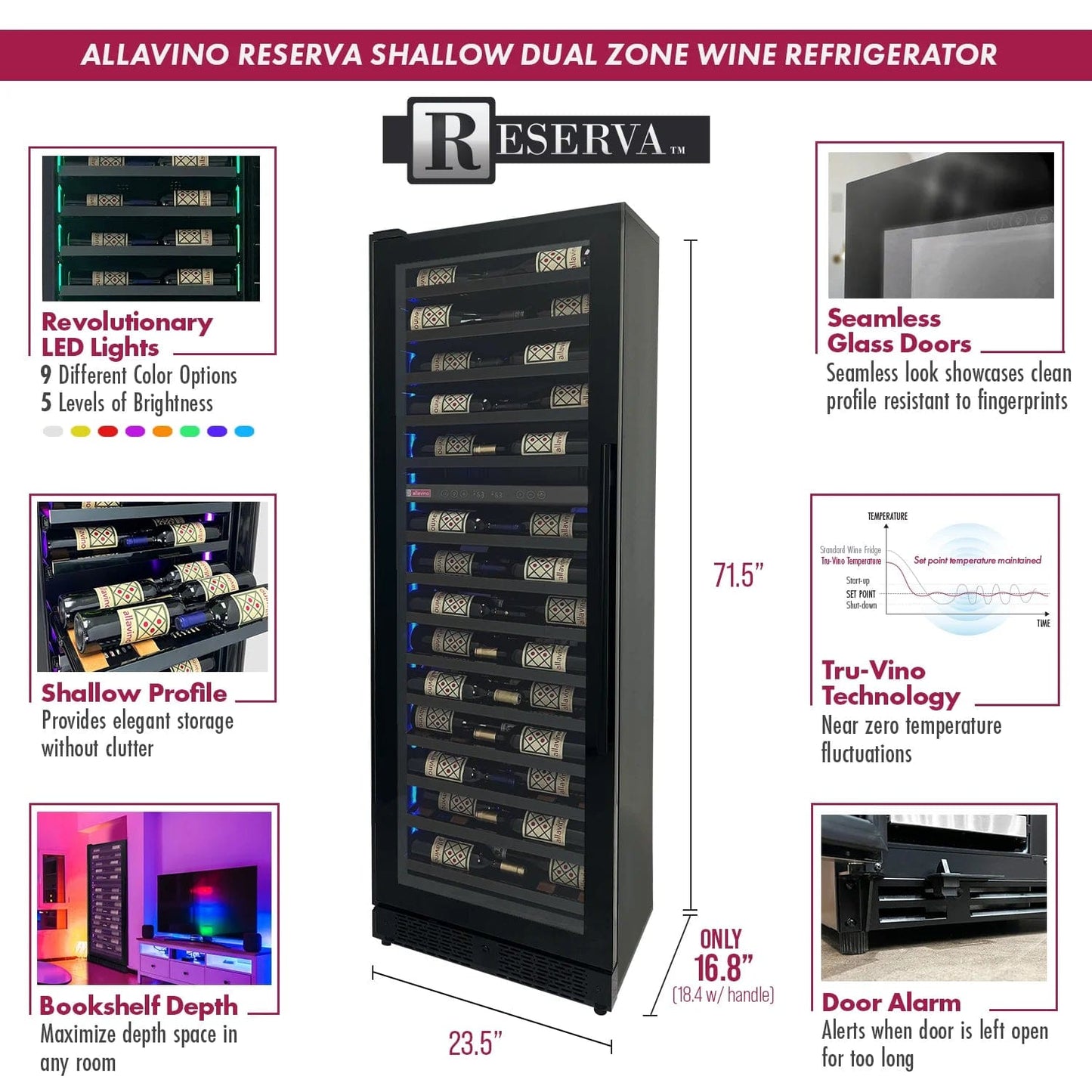 Allavino Residential Reserva Series 67 Bottle 71" Tall Dual Zone Left Hinge Black Shallow Wine Refrigerator Console VSW6771D-2BL
