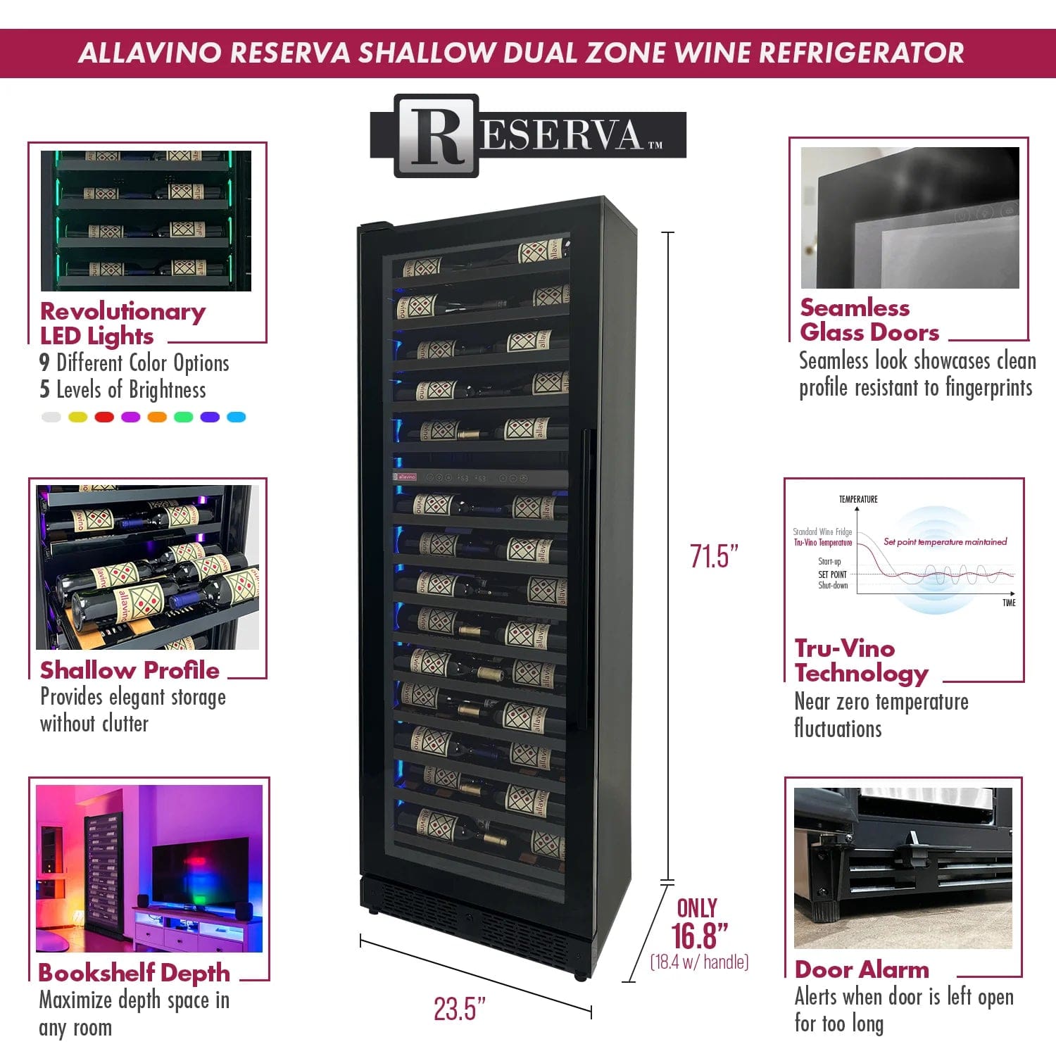 Allavino Residential Reserva Series 67 Bottle 71" Tall Dual Zone Left Hinge Black Shallow Wine Refrigerator Console VSW6771D-2BL