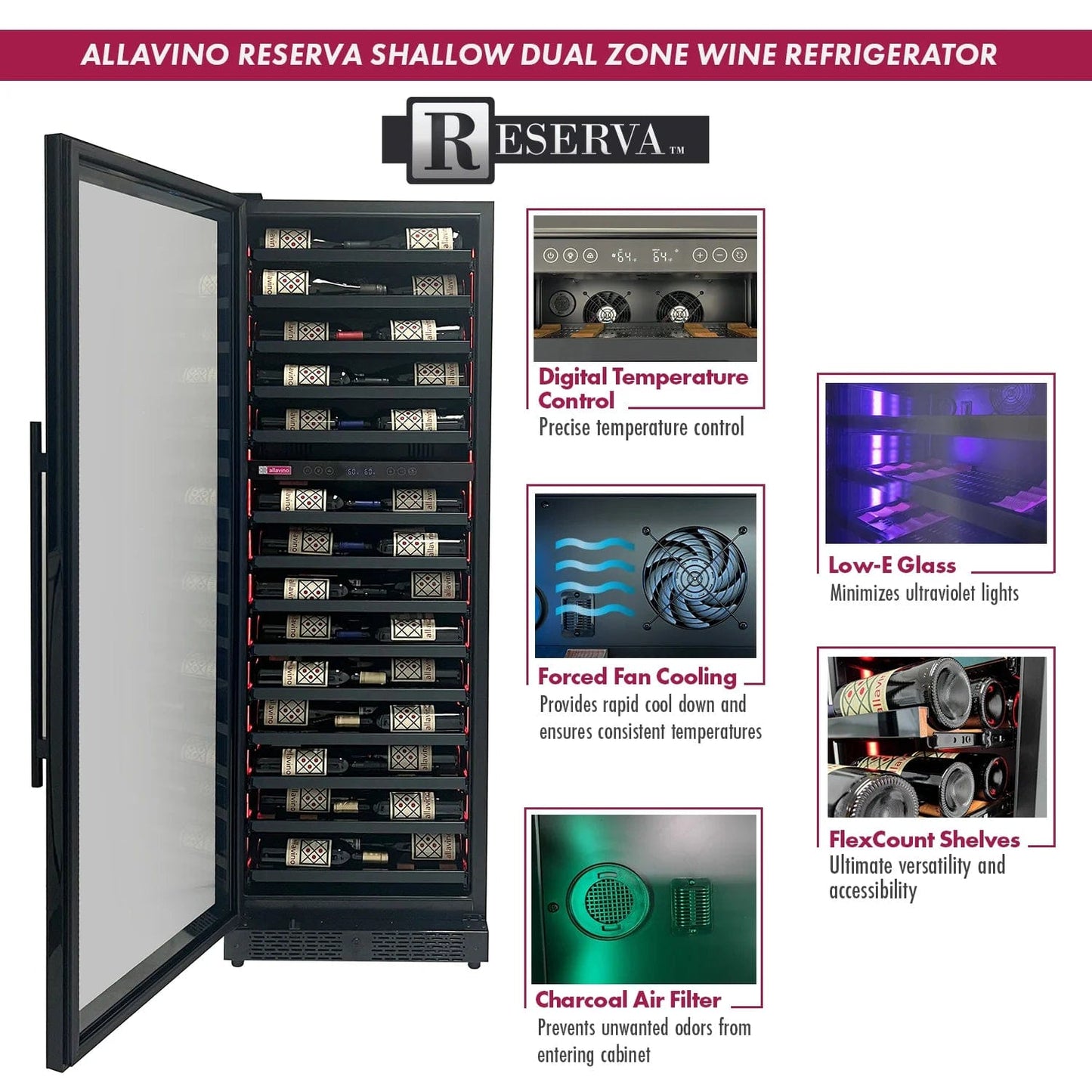 Allavino Residential Reserva Series 67 Bottle 71" Tall Dual Zone Left Hinge Black Shallow Wine Refrigerator Console VSW6771D-2BL