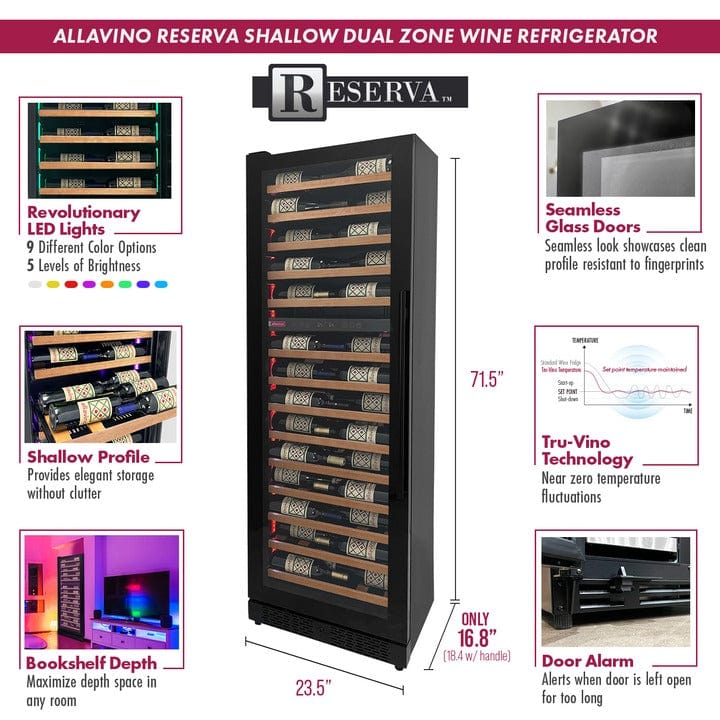 Allavino Residential Reserva Series 67 Bottle 71" Tall Dual Zone Left Hinge Black Shallow Wine Refrigerator with Wood Front Shelves VSW6771D-2BL-WD