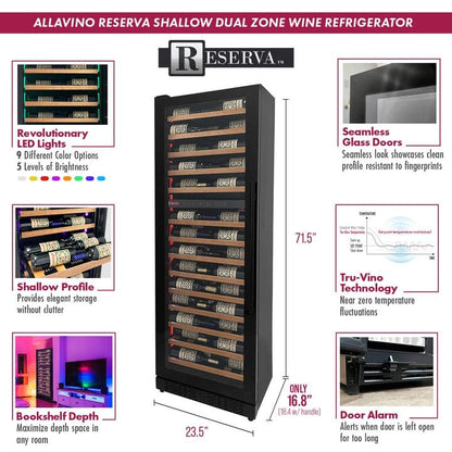 Allavino Residential Reserva Series 67 Bottle 71" Tall Dual Zone Left Hinge Black Shallow Wine Refrigerator with Wood Front Shelves VSW6771D-2BL-WD