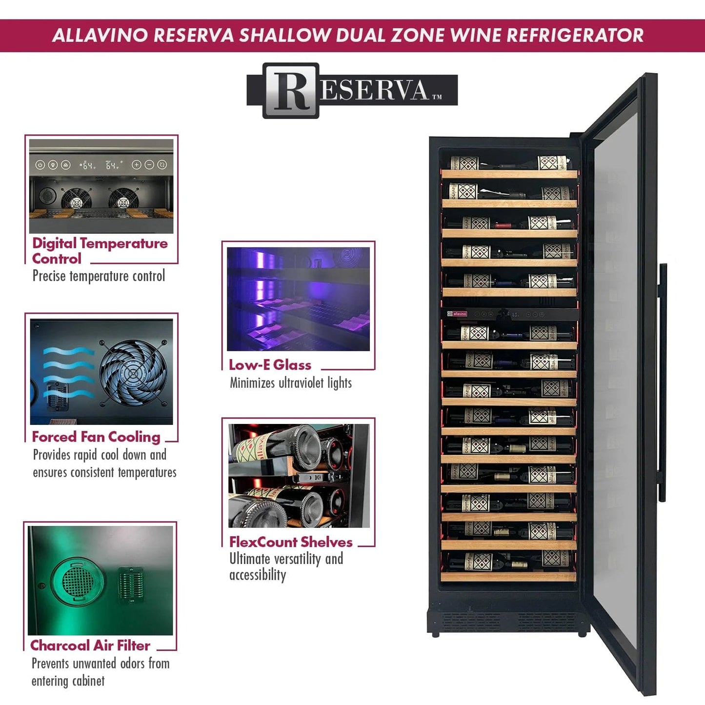 Allavino Residential Reserva Series 67 Bottle 71" Tall Dual Zone Right Hinge Black Shallow Wine Refrigerator with Wood Shelf Fronts VSW6771D-2BR-WD