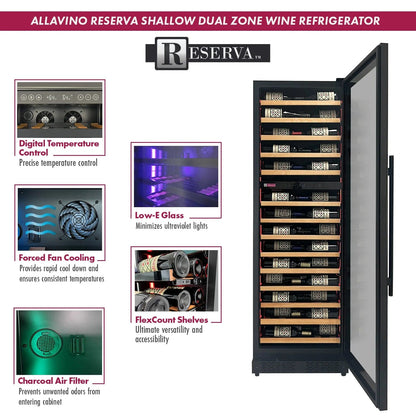 Allavino Residential Reserva Series 67 Bottle 71" Tall Dual Zone Right Hinge Black Shallow Wine Refrigerator with Wood Shelf Fronts VSW6771D-2BR-WD
