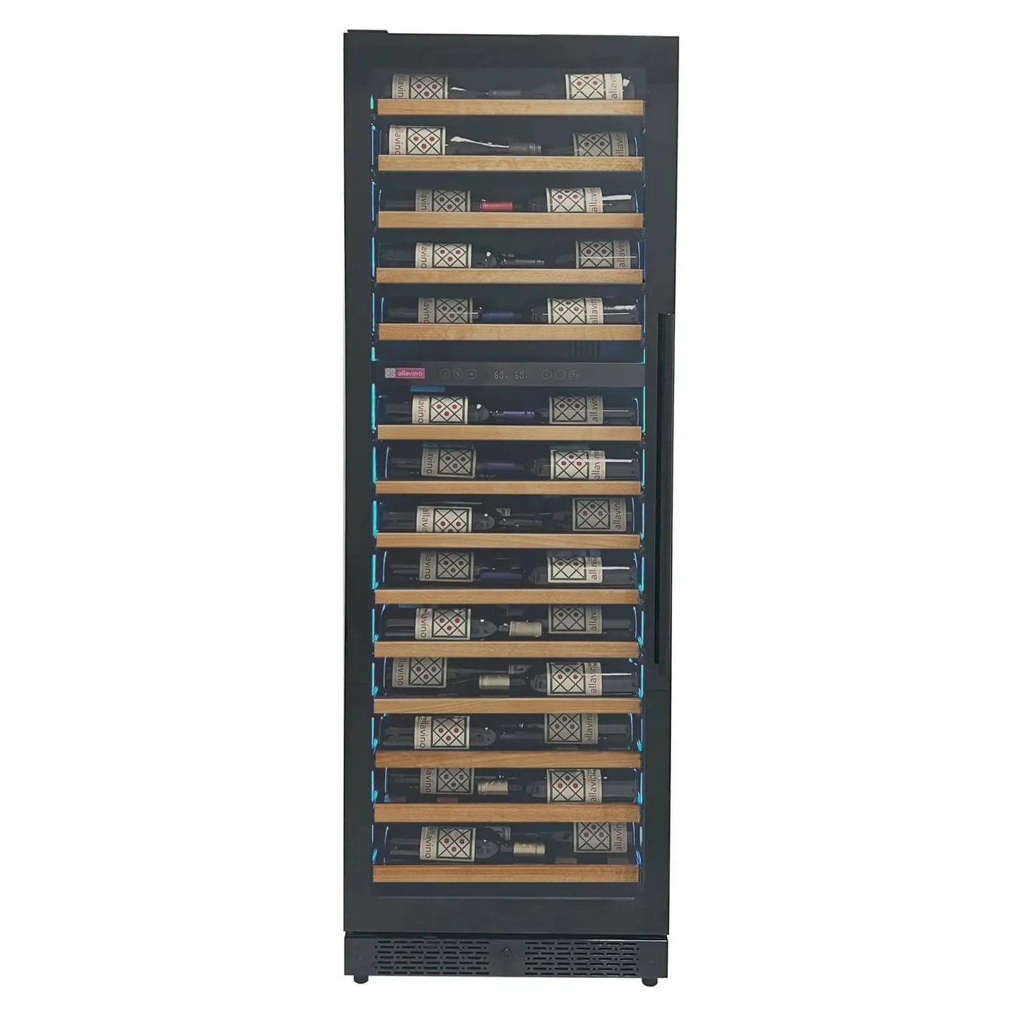 Allavino Residential Reserva Series 67 Bottle 71" Tall Dual Zone Right Hinge Black Shallow Wine Refrigerator with Wood Shelf Fronts VSW6771D-2BR-WD