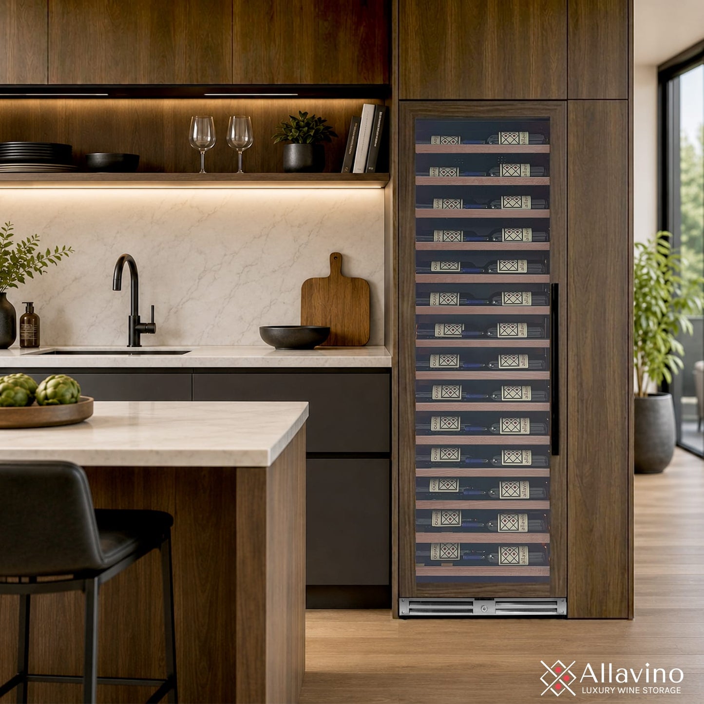 Allavino Wine Cooler Refrigerator Reserva Series 67 Bottle 71" Tall Panel Ready Overlay Shallow Wine Refrigerator with Wood Front Shelves - Right Hinge
