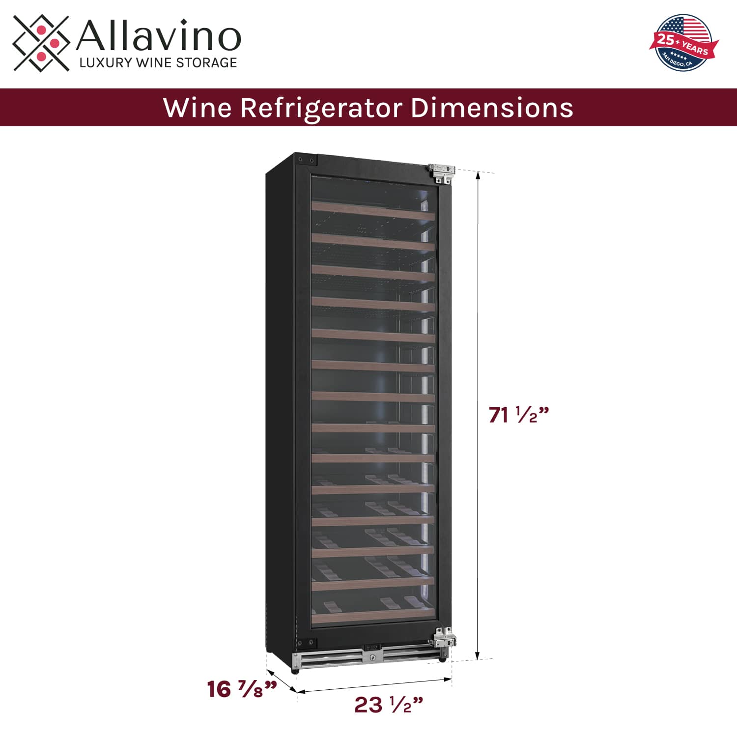Allavino Wine Cooler Refrigerator Reserva Series 67 Bottle 71" Tall Panel Ready Overlay Shallow Wine Refrigerator with Wood Front Shelves - Right Hinge