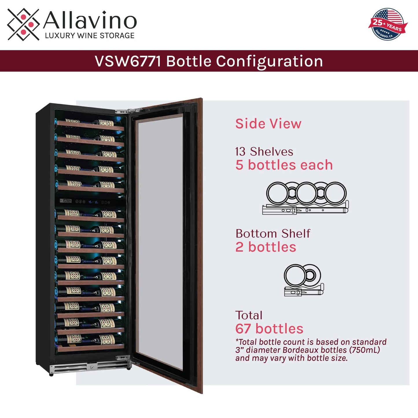Allavino Wine Cooler Refrigerator Reserva Series 67 Bottle 71" Tall Panel Ready Overlay Shallow Wine Refrigerator with Wood Front Shelves - Right Hinge
