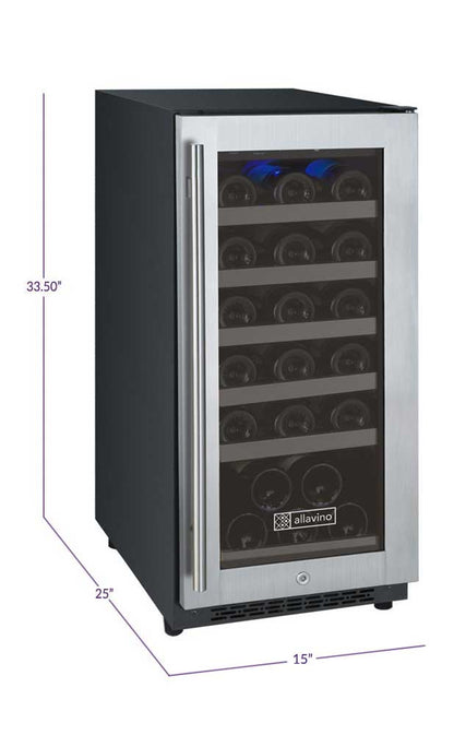 Allavino Residential Silver 15" Wide FlexCount II Tru-Vino 30 Bottle Single Zone Stainless Steel Right Hinge Wine Refrigerator