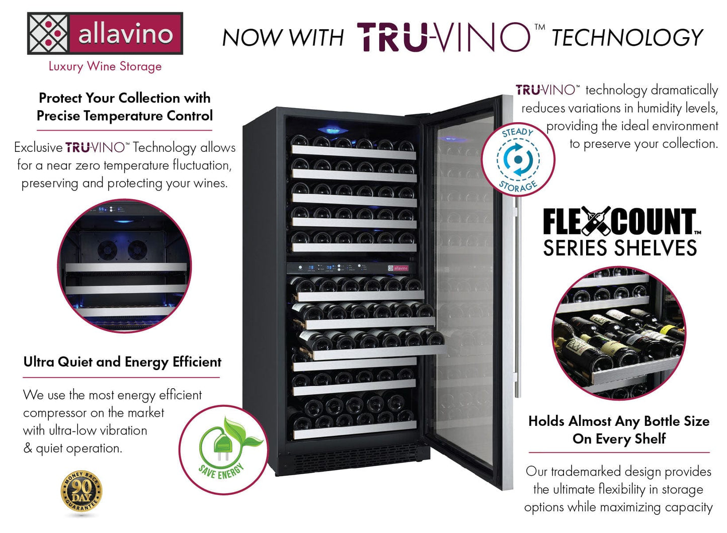 Allavino Residential Silver 24" Wide FlexCount II Tru-Vino 121 Bottle Dual Zone Stainless Steel Right Hinge Wine Refrigerator