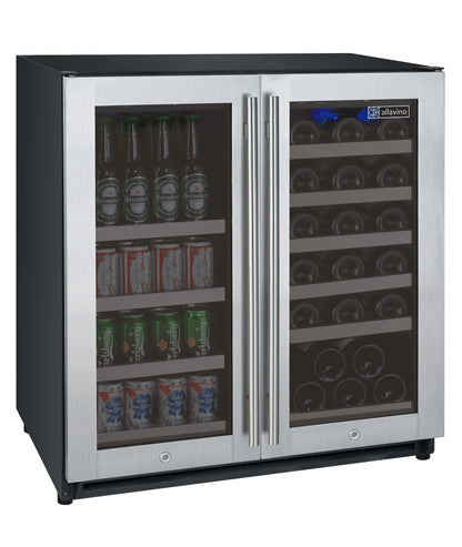 Allavino Residential Silver 30" Wide FlexCount II Tru-Vino 30 Bottle/88 Can Dual Zone Stainless Steel Built-In Wine Refrigerator/Beverage Center