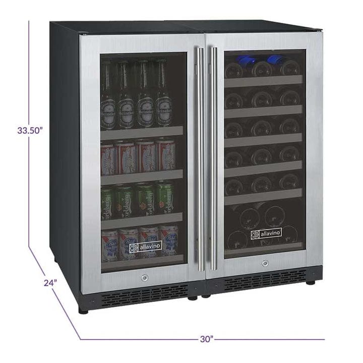 Allavino Residential Silver 30" Wide FlexCount II Tru-Vino 30 Bottle/88 Can Dual Zone Stainless Steel Built-In Wine Refrigerator/Beverage Center
