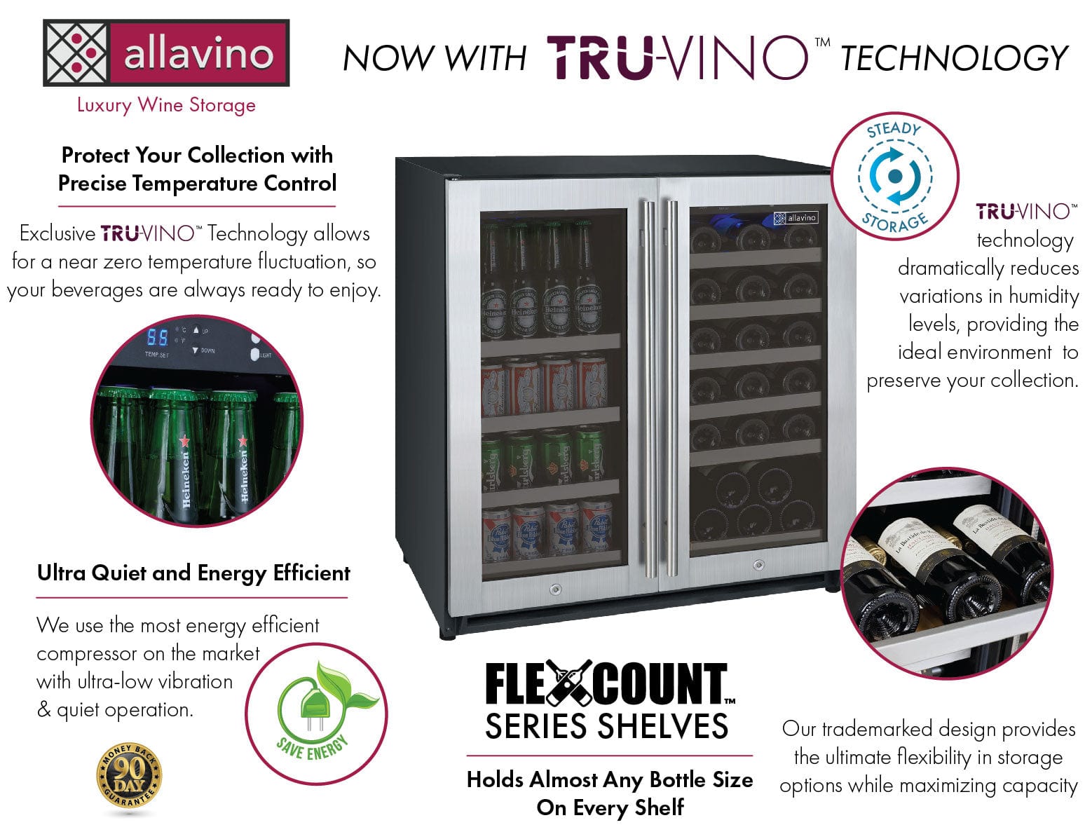 Allavino Residential Silver 30" Wide FlexCount II Tru-Vino 30 Bottle/88 Can Dual Zone Stainless Steel Built-In Wine Refrigerator/Beverage Center