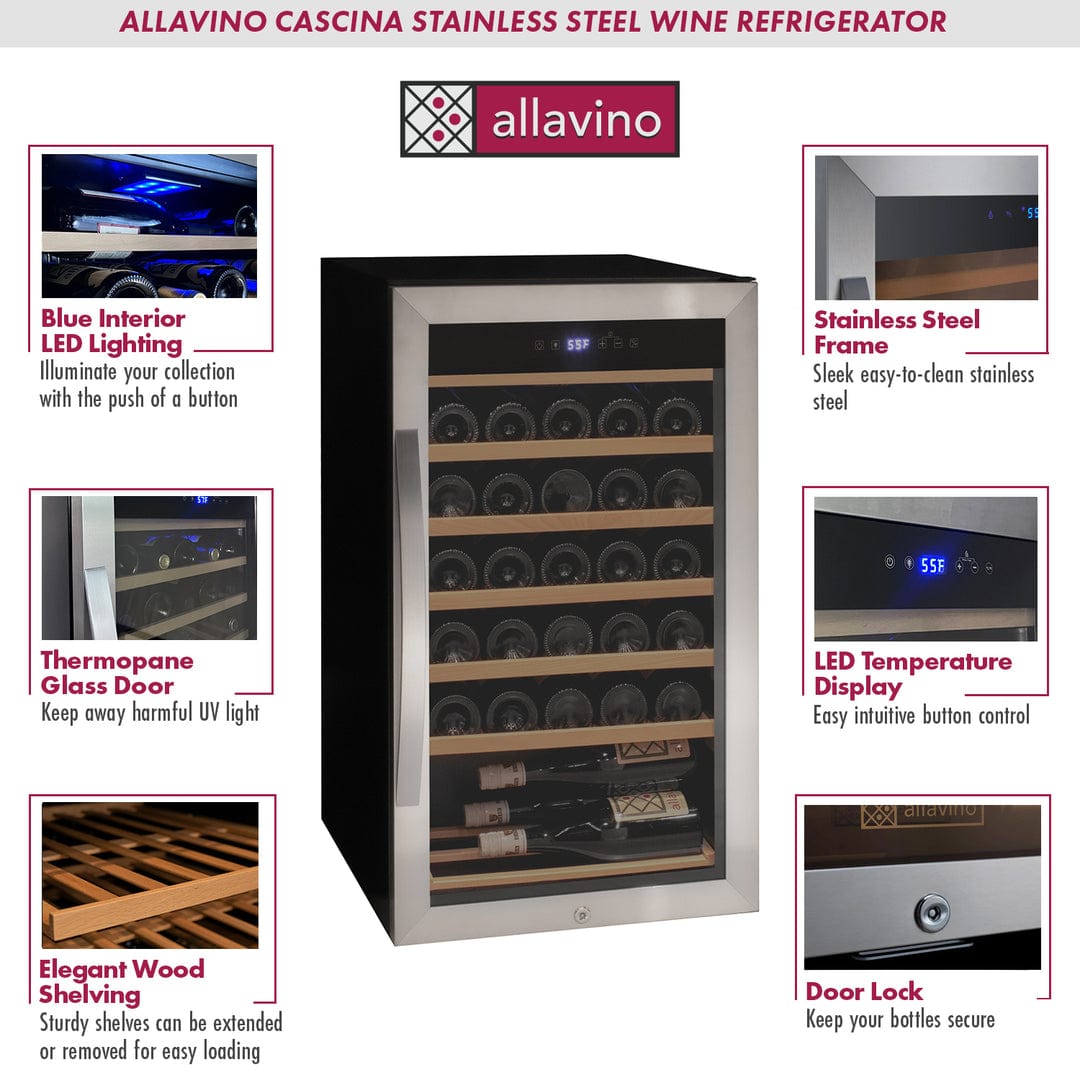 Allavino Residential Silver Cascina Series 33 Bottle Single Zone Freestanding Wine Refrigerator Cooler with Stainless Steel Door