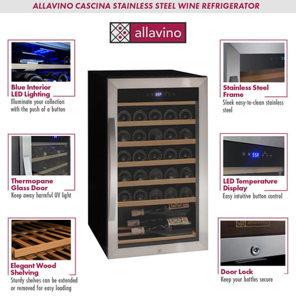 Allavino Residential Silver Cascina Series 33 Bottle Single Zone Freestanding Wine Refrigerator Cooler with Stainless Steel Door