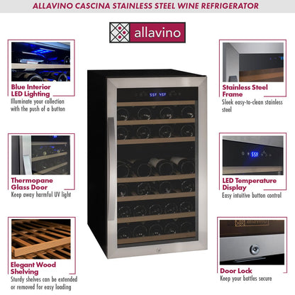 Allavino Residential Silver Cascina Series 43 Bottle Dual Zone Freestanding Wine Refrigerator Cooler with Stainless Steel Door