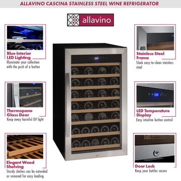 Allavino Residential Silver Cascina Series 50 Bottle Single Zone Freestanding Wine Cooler Refrigerator with Stainless Steel Door